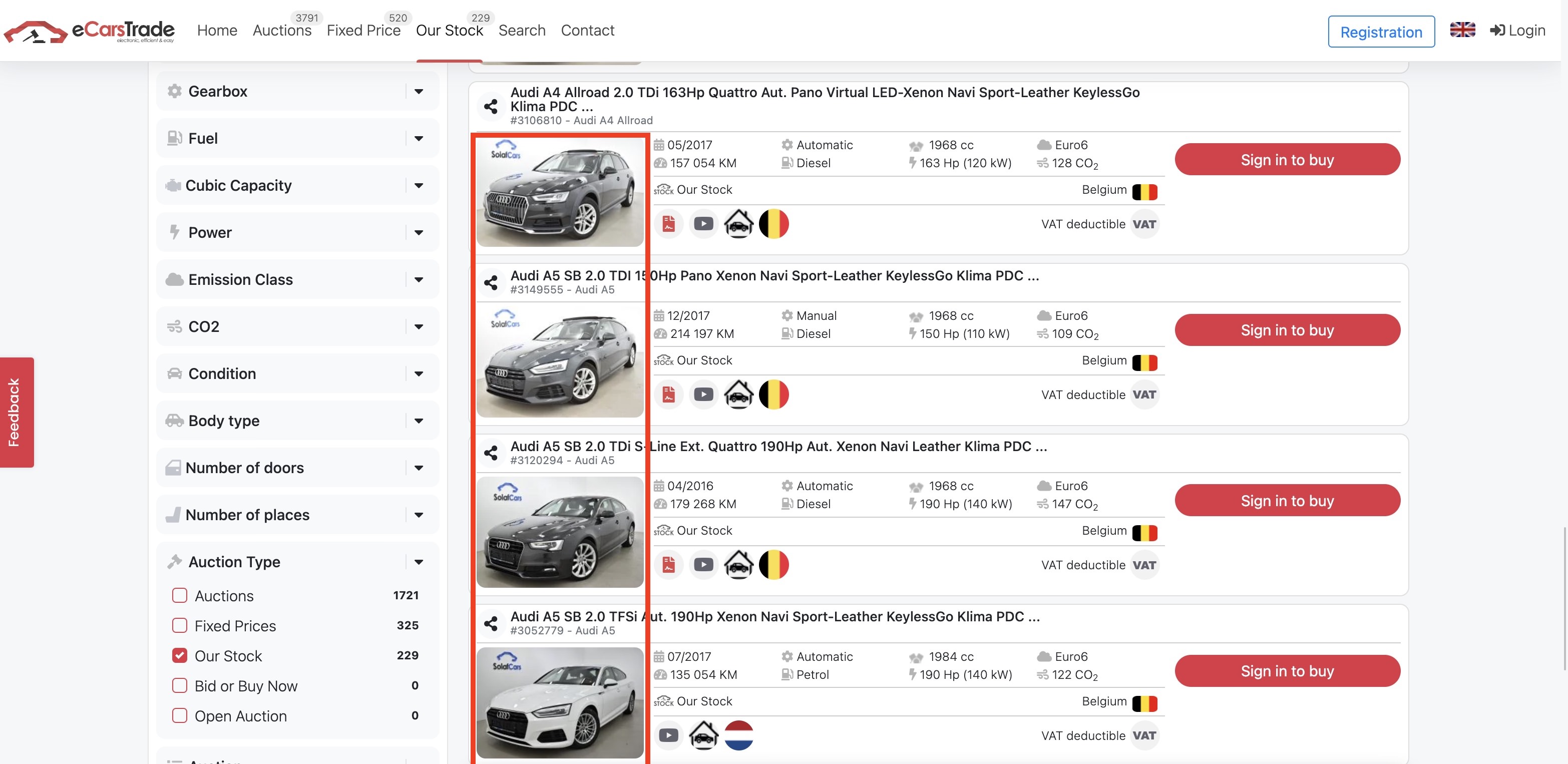 Captura de tela do eCarsTrade do site mostrando fotos de carros