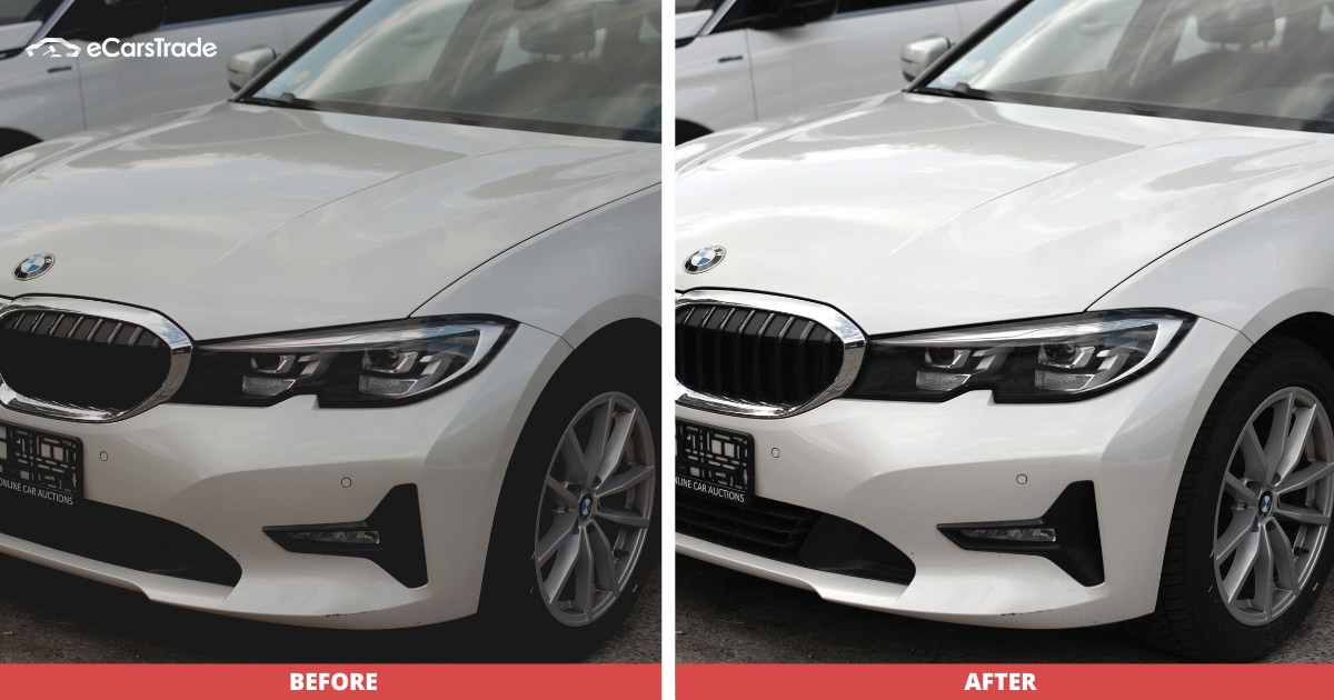 Gráfico eCarsTrade mostrando o antes e o depois de uma foto editada de um carro